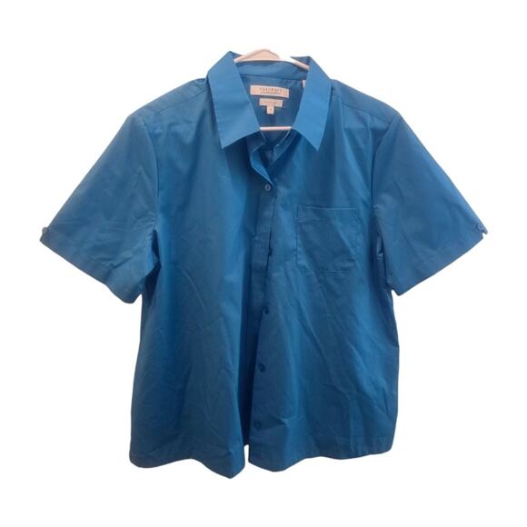 Foxcroft Non Iron Shirt Fitted Blue Women's Size 12 Button Tab Short Sleeve - Picture 1 of 4